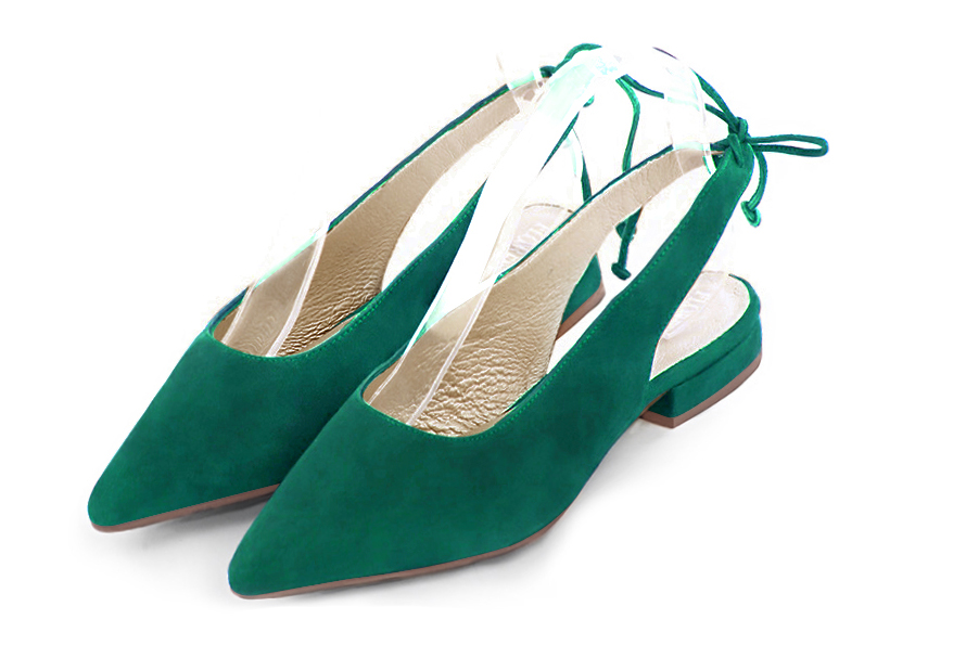 Emerald green women's slingback shoes. Pointed toe. Flat flare heels. Front view - Florence KOOIJMAN